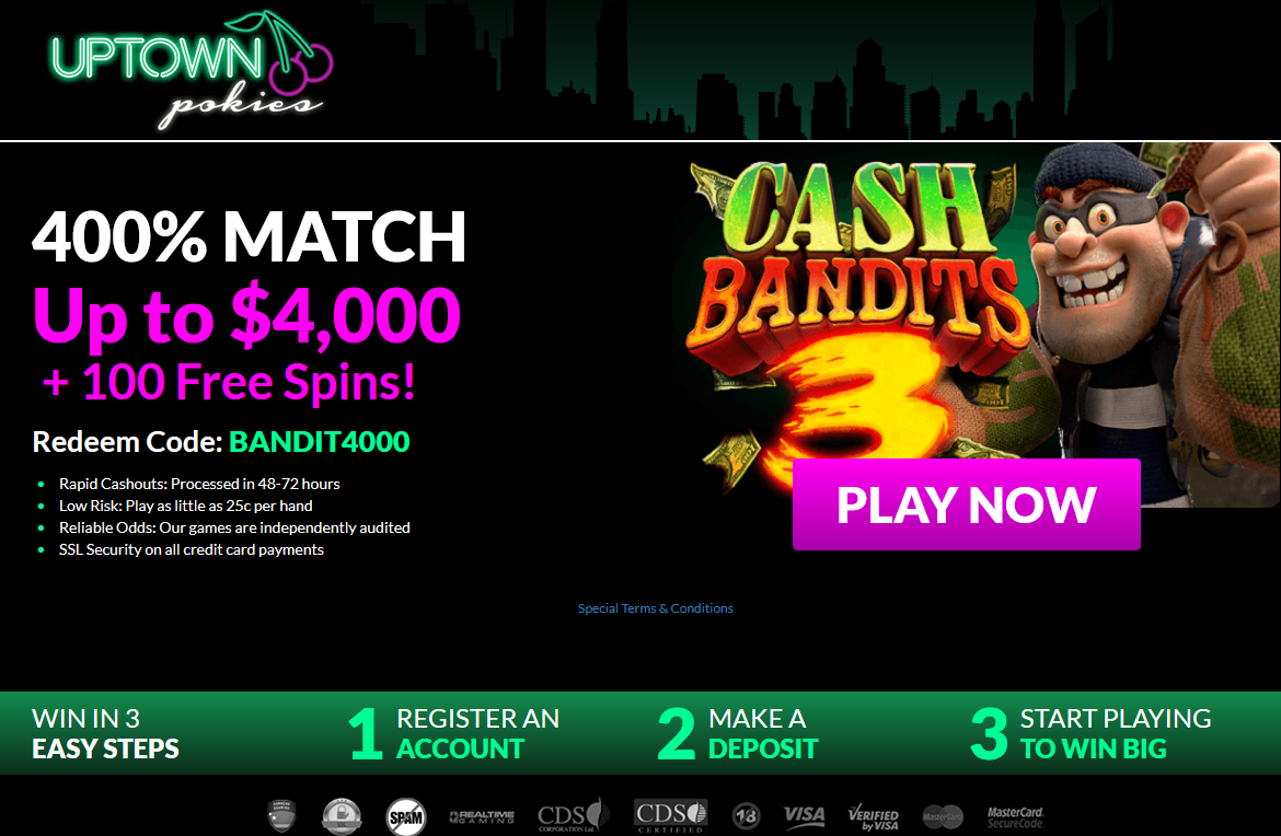 400% Match Up to $4,000 +
                                        100 Free Spins!